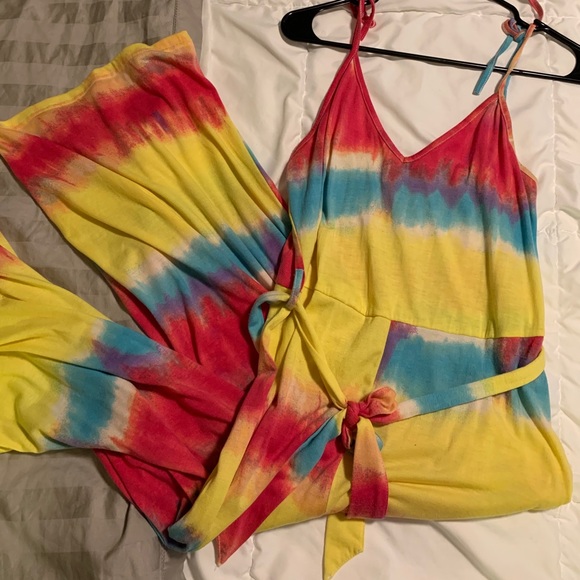 Pants - Tie dye tie strap onesie gaucho jumper romper